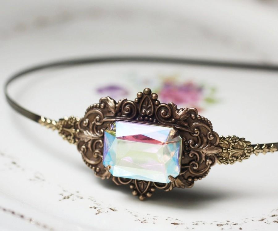 Wedding - Jewel headband brass bridal vintage victorian iridescent pastel
