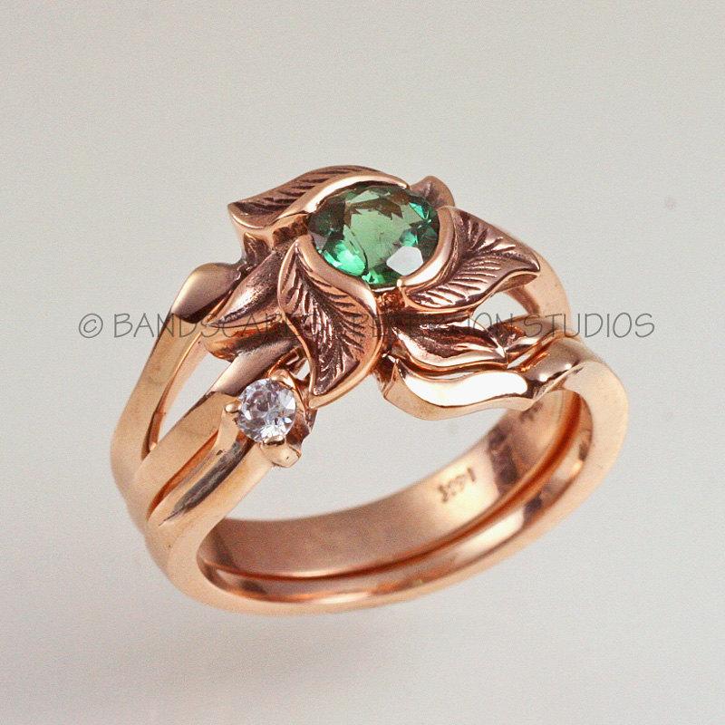 زفاف - WILD TRILLIUM Engagement Ring, Wedding ring set, Choice of 14k gold, Yellow, Rose, White, Made to order,