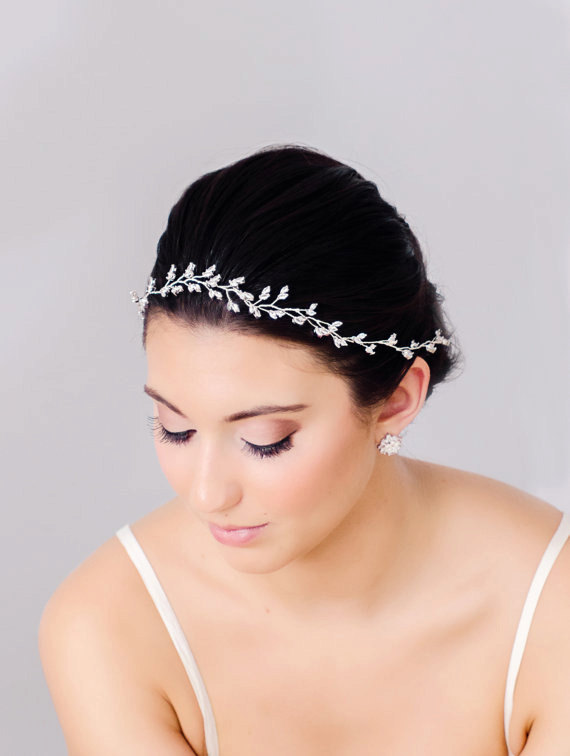 Hochzeit - Silver Rhinestone Bridal Halo, Hair Vine, Wedding Crown