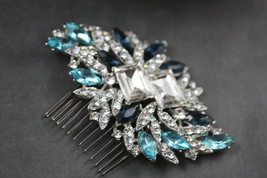 زفاف - Something Blue,Swarovski clear, navy blue,  aquamarine , bridal hair comb ,Wedding brooch ,Crystal barrette,,