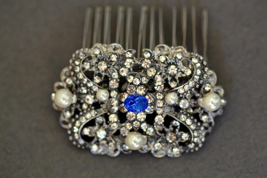 زفاف - Bridal Hair comb, Something Blue, Crystal Hair Comb, Swarovski comb, Vintage Jewelry, Victorian, Wedding Accessories, Saphire Blue
