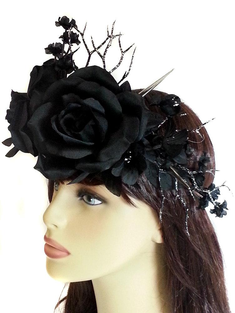 Hochzeit - Spike Flower Crown, Black Rose Flower Crown, Avant Garde Flower Crown, Gothic Flower Crown
