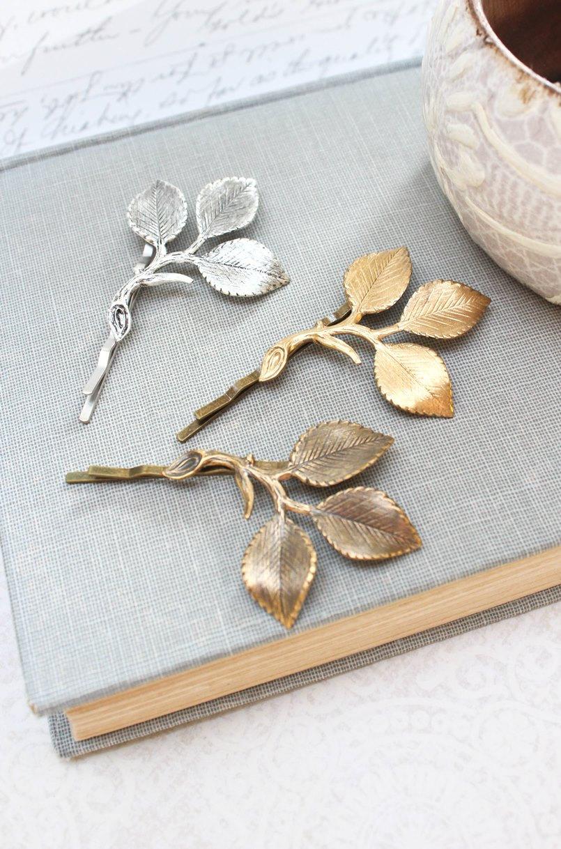 Свадьба - Gold Branch Bobby Pins Rose Leaf Hair Pin Bridesmaid Gift Gold Leaf Bobbies Rustic Nature Woodland Wedding Leaves for Hair Grecian Hair Clip