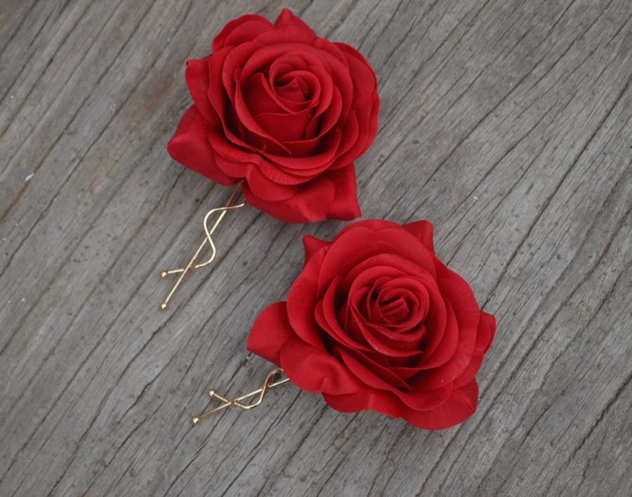 Hochzeit - A Pair Wedding Flower Hair Clips-Real Touch Red Rose Hair Clip, Rose Hair Clips, Bridal Hair Flower, Flower Girls Hair Pin
