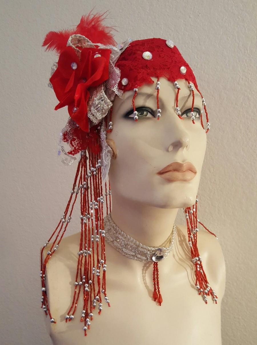 Wedding - Red and Silver Flapper Gatsby Goddess Waterfall Beaded Rhinestone Bridal Headpiece and Choker Necklace Set Wedding Party Costume