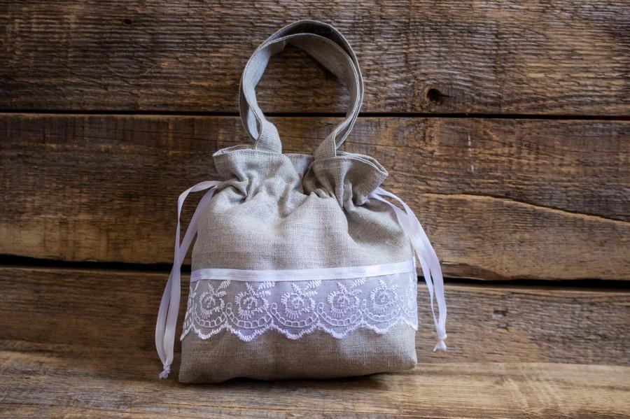 زفاف - Linen Girl Handbag,  Wedding Sachet, Small Handmade White Lace  Bag, Grey, Rustic Party Bag