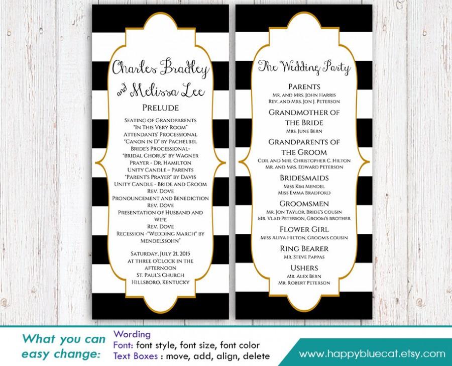 Wedding - DiY Printable Program Wedding Template - Instant Download - EDITABLE TEXT -  Black & White Stripes, Gold Frame 4"x9.25" - MS® Word HBC7n