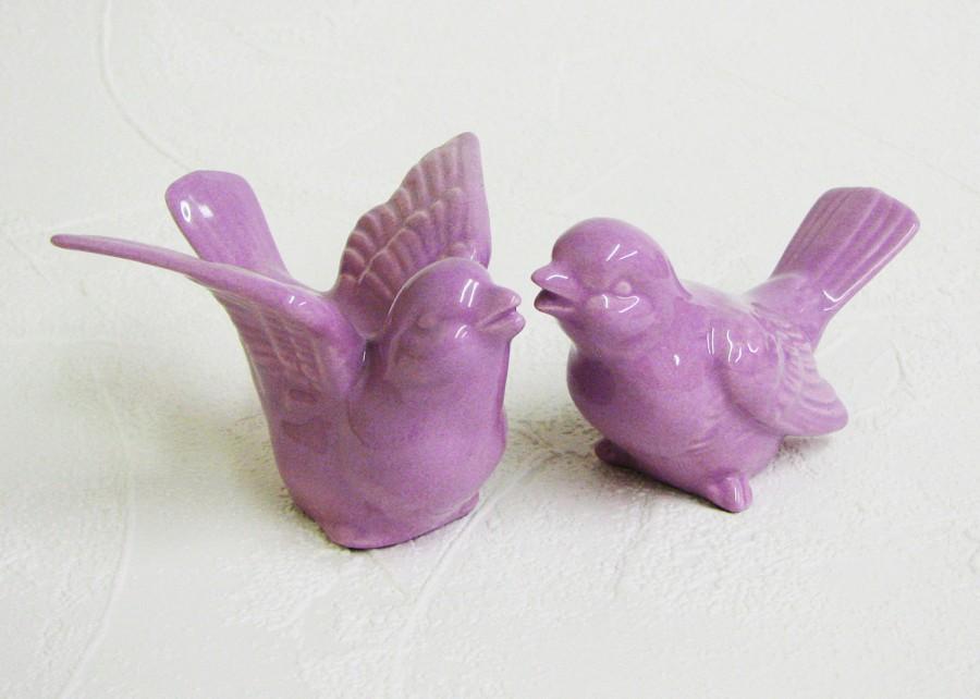 Hochzeit - Customize Your Color - Ceramic Love Bird Cake Topper Wedding Keepsake Figurines Shown in Lavender - Made to Order