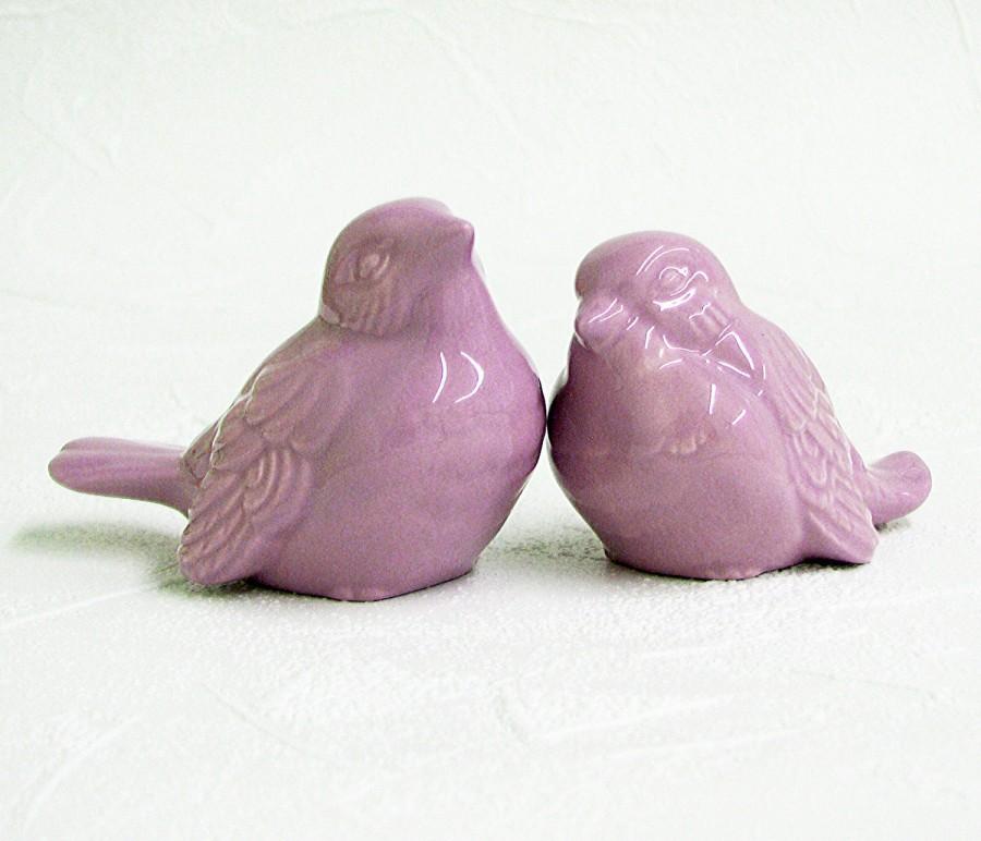 Hochzeit - Ceramic Love Bird Figurines Wedding Cake Toppers in Lavender Orchid Kiln Fired Sculptures - Made to Order