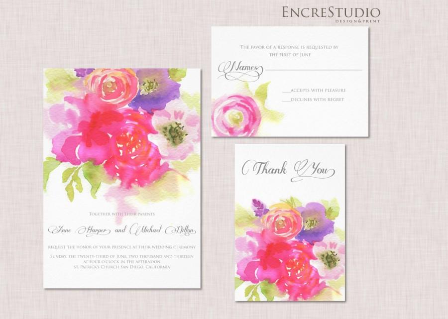 Hochzeit - Printable Watercolor Wedding Invitation Suite - Peonies, Roses & Buttercups
