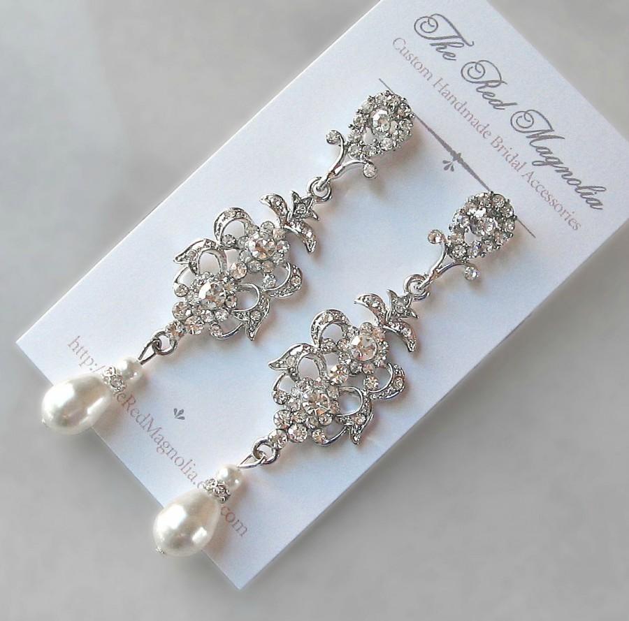 Mariage - Swarovski Pearl & Crystal Earrings, Chandelier Earrings, White, Ivory, Cream, Champagne, Vintage Style Rhinestone Earrings - CONSTANTINA