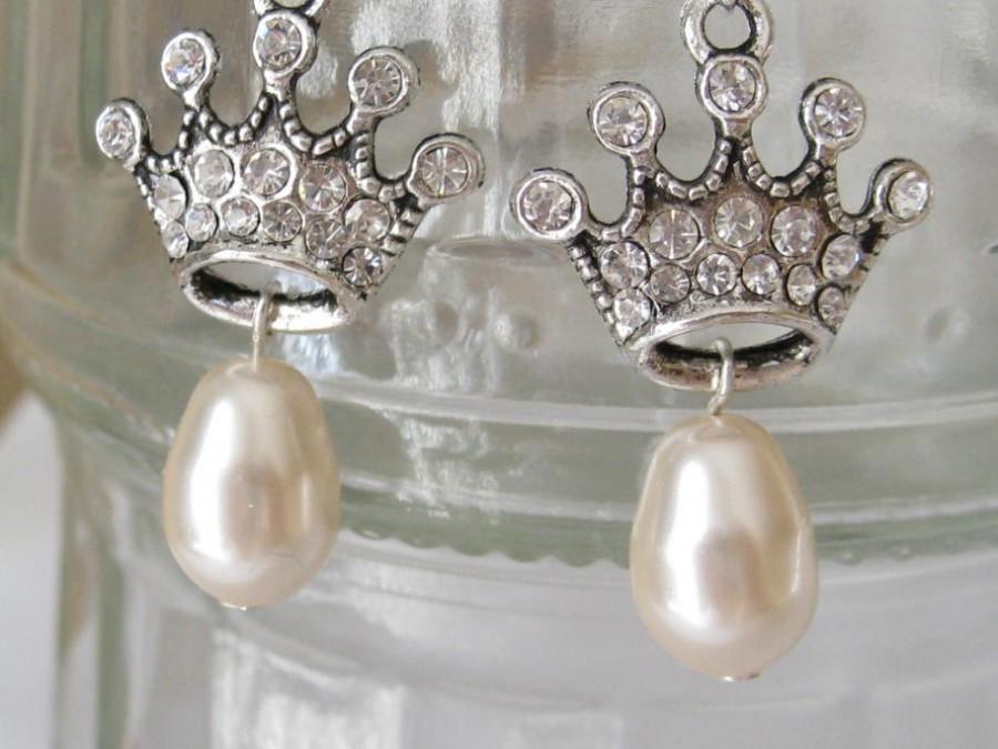Mariage - Bridal Jewelry Bridal Accessories Bride Bridesmaid Rhinestone Crown and Pearl earrings Wedding Jewelry