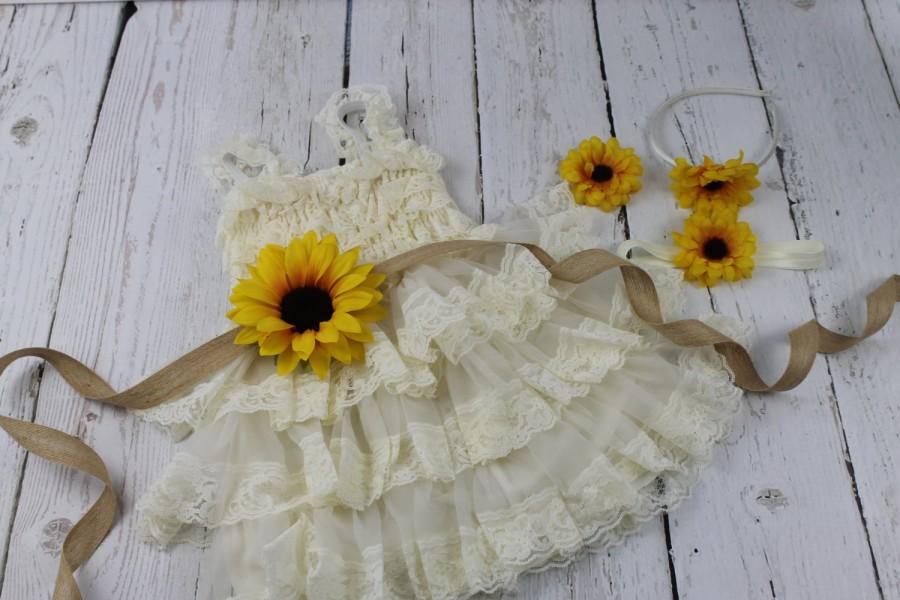 Hochzeit - Ivory Flower Girl Dress Sunflower Flower Girl Dress Rustic Ivory Lace Flower Girl Dress Ivory Jr Bridesmaid Dress Ivory Country Wedding