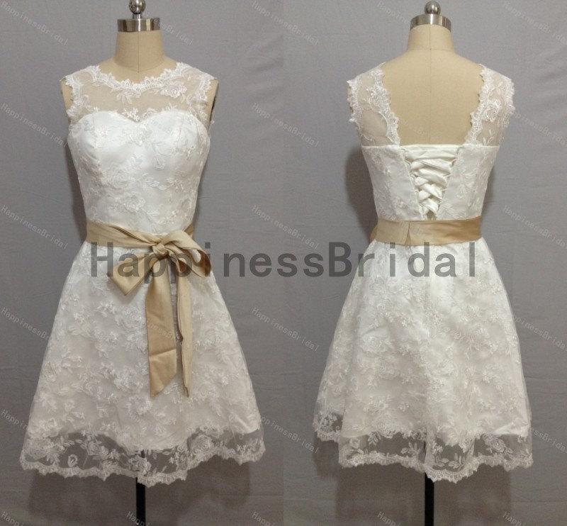 Wedding - 2014 formal dress,short prom dress ,lace prom dress with sash,short evening dress,hot sales dress,formal evening dress,short party dress