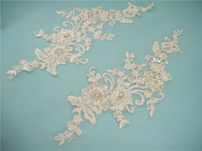 Hochzeit - Ivory Beaded Lace Applique Trim, Wedding Lace Applique, Bridal lace Applique for gown, garter, sash, head pieces, veil, Beaded Applique,2pcs
