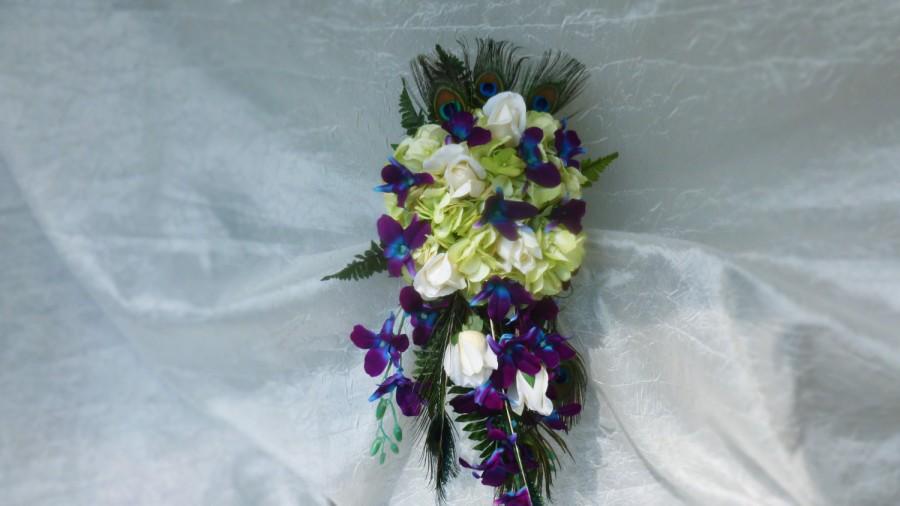 زفاف - Cascading galaxy orchid bridal bouquet, green hydrangeas, singapore orchid, island orchid, real touch roses, purple blue orchids