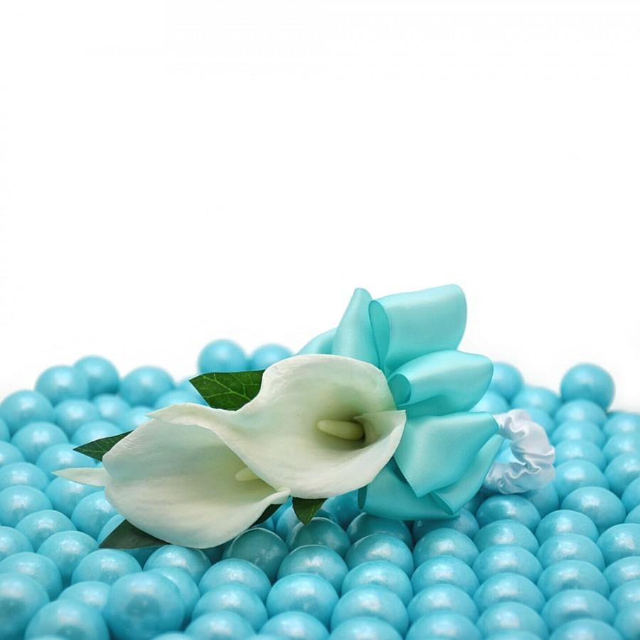 زفاف - White Calla Corsage - Real Touch Artificial White Calla Lilies with a Satin Wrist band - Select Ribbon and Pin Colors-Weddings and Proms