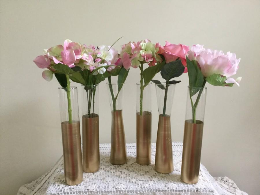Mariage - Gold vases, gold wedding decor, Set of 6 gold dipped champagne glasses ,vases, gold painted vase, wedding table decor wedding bouquet