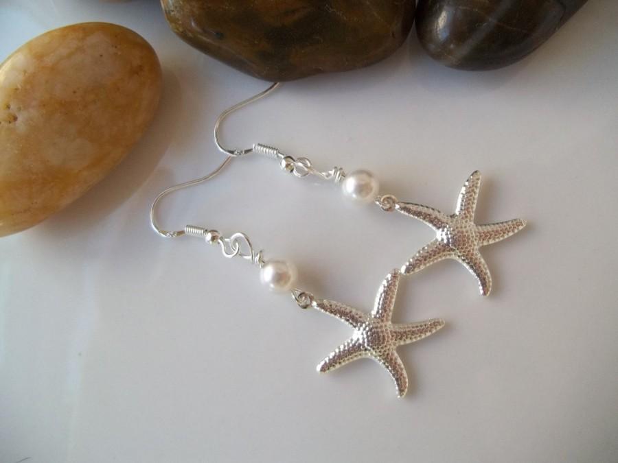 زفاف - Bridesmaid Earrings, Starfish Earrings,Swarovski Pearls, Silver Starfish, Pearl & Starfish Earrings, Beach Nautical Wedding Earrings