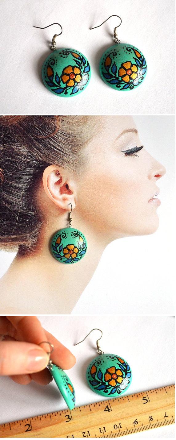 Hochzeit - Turquoise Boho Earrings of wood with hand painted handmade wooden earrings Gift idea for her Eco jewelry Round Green Gold folklore earrings