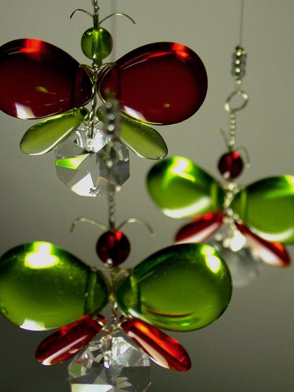 Wedding - Xmas Decor Crystal Suncatcher Glass Mobile Red Butterfly Mobile Hanging Mobile Wedding Decor Green Christmas Ornament Whimsical Window Charm