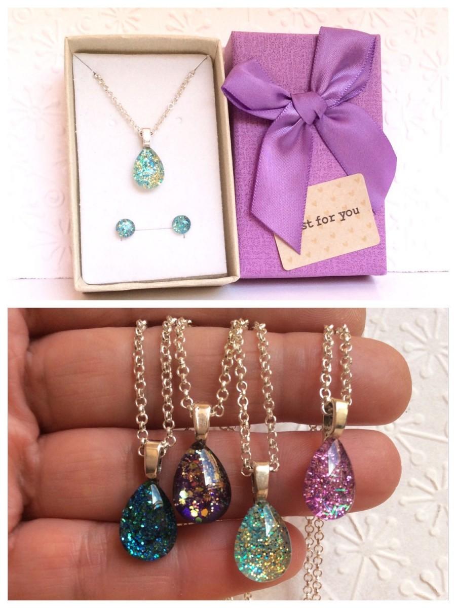 Свадьба - Drops of light glitter parure pendant + stud earrings ,glitter drops pendant + stud earrings,glitter light drops set,gift for her