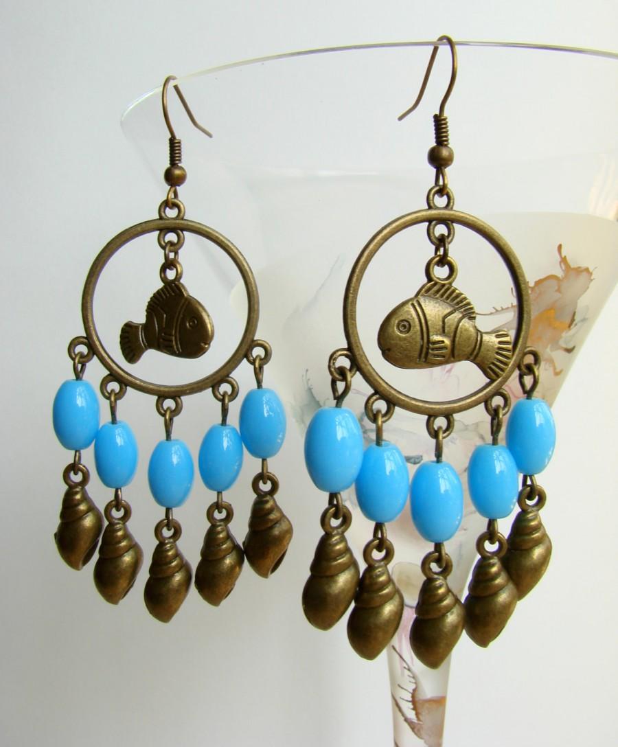 زفاف - Chandelier Earrings with Fish and Shells, Brass Tone Earrings with Azure Glass Beads, Summer Earrings, Boho Earrings, Long Sea Earrings
