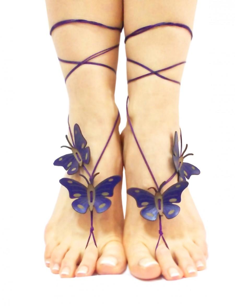 زفاف - 12 Color Options Barefoot Sandal, Deep Purple Butterfly, Bracelet Anklet, Spring Celebrations, Beach wedding, Foot Thongs