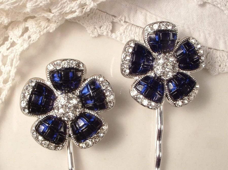 Hochzeit - Vintage Hair Pins Navy Blue & Clear Rhinestone Silver Bridal Clip Pair, Art Deco Sapphire Flower Bobby Pins Set 2 Combs, Bridesmaids Gifts