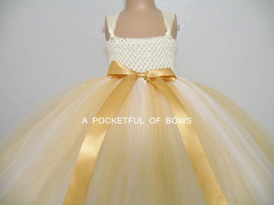 زفاف - Ivory and Gold Flower Girl Dress, Ivory and Gold Tulle Dress, Long Gold Tulle Dress, Girls Ball Gown