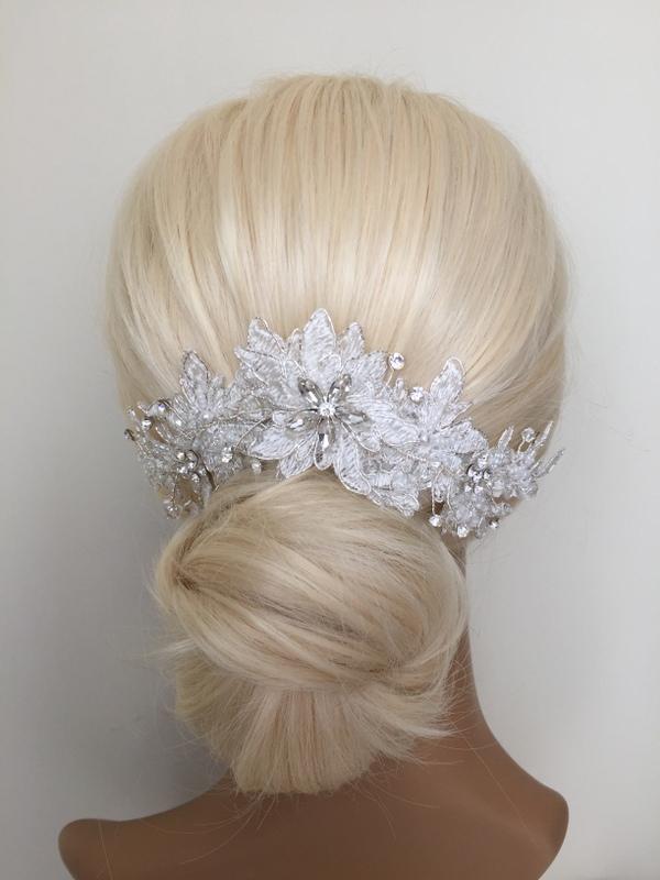 Wedding - Ivory Bridal Hair Accessories, Wedding Head piece, Beaded Lace, Pearl, Rhinestone, Snap Clip, Silver