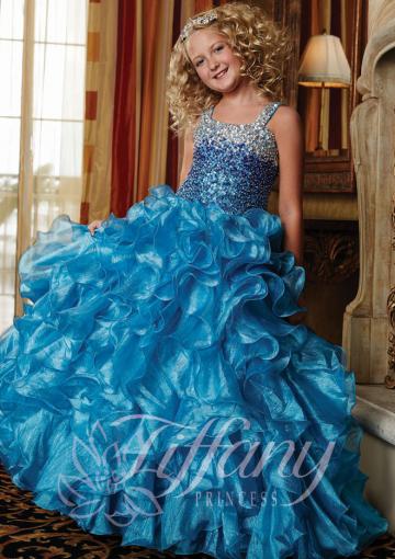 Mariage - Crystals Tulle Ruffled Blue Lace Up Straps Floor Length Ball Gown