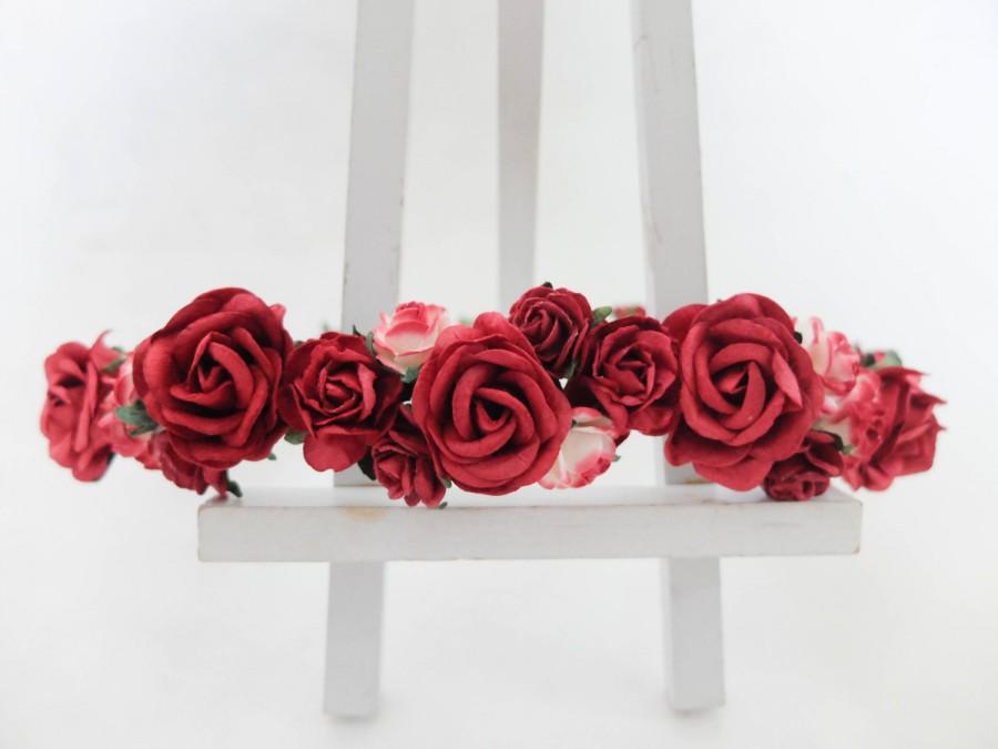 Hochzeit - Red rose headpiece - flower crown - floral wreath - flower hair garland - floral headband