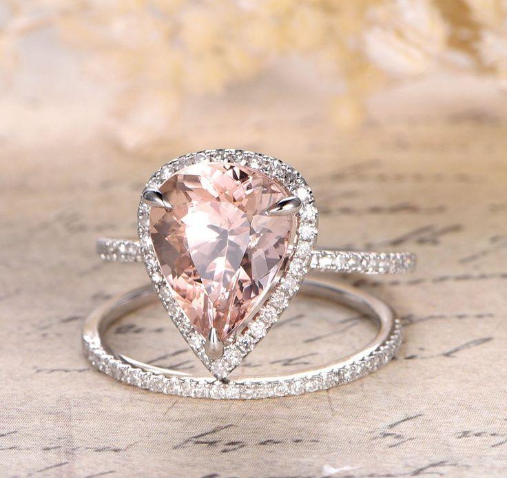 زفاف - Pear Morganite Engagement Ring Sets Pave Diamond Wedding 14K White Gold 10x12mm