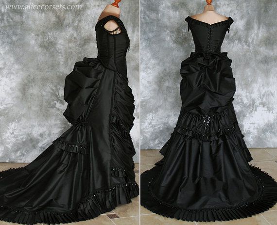 Mariage - Silk Taffeta Gothic Victorian Bustle Gown ~ Vampire Ball Masquerade Halloween Black Wedding Dress ~ Steampunk 19th Century Period Costume