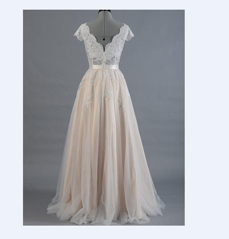 زفاف - A-line Cap Sleeve V-back Lace Tulle Wedding Dress