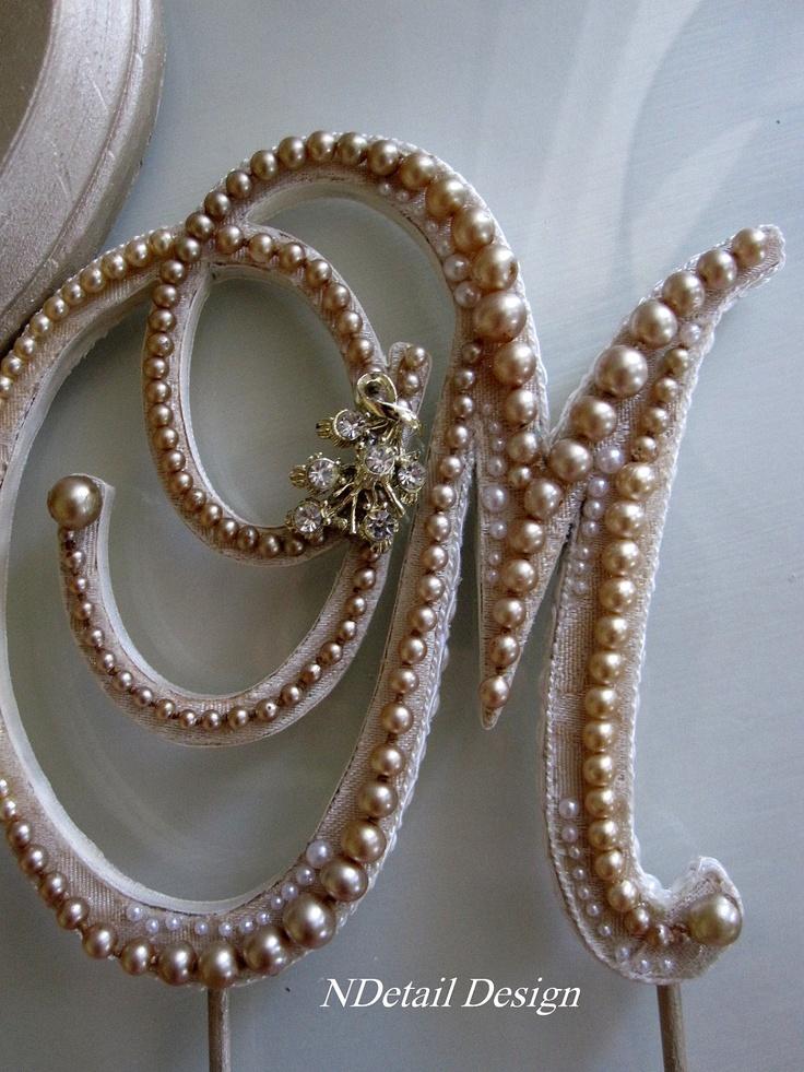 Wedding - Monogrammed Custom Vintage Pearl Wedding Cake Topper & Display: Antique Bridal Accessories "417 Bride"