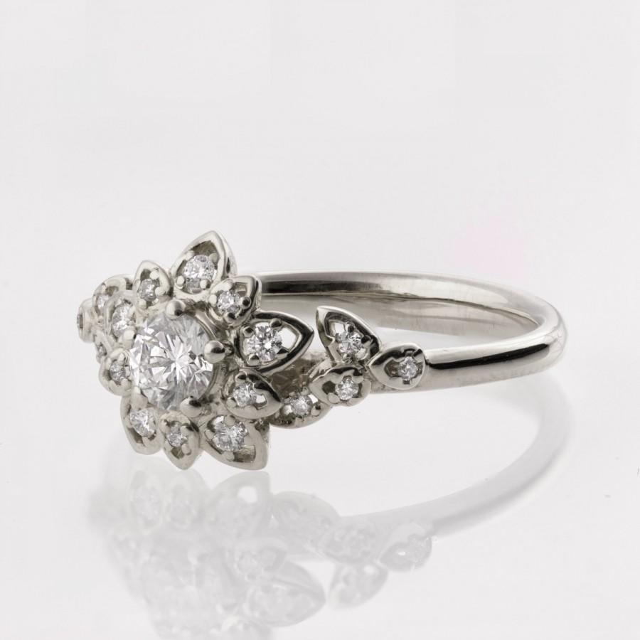 Hochzeit - Moissanite Art Deco Petal Engagement Ring No.2B  - 14K White Gold and Moissanite engagement ring, leaf ring, flower ring, forever brilliant