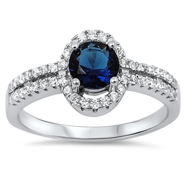 Wedding - Solid 925 Sterling Silver Split Shank 2.00 Carat Round Deep Blue Sapphire Russian CZ Halo Wedding Engagement Anniversary Ring Lovely Gift