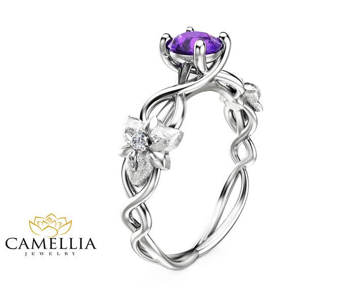 زفاف - 14K White Gold Amethyst Engagement Ring Flower Design Amethyst Ring Nature Inspired Engagement Ring Unique Alternative Ring