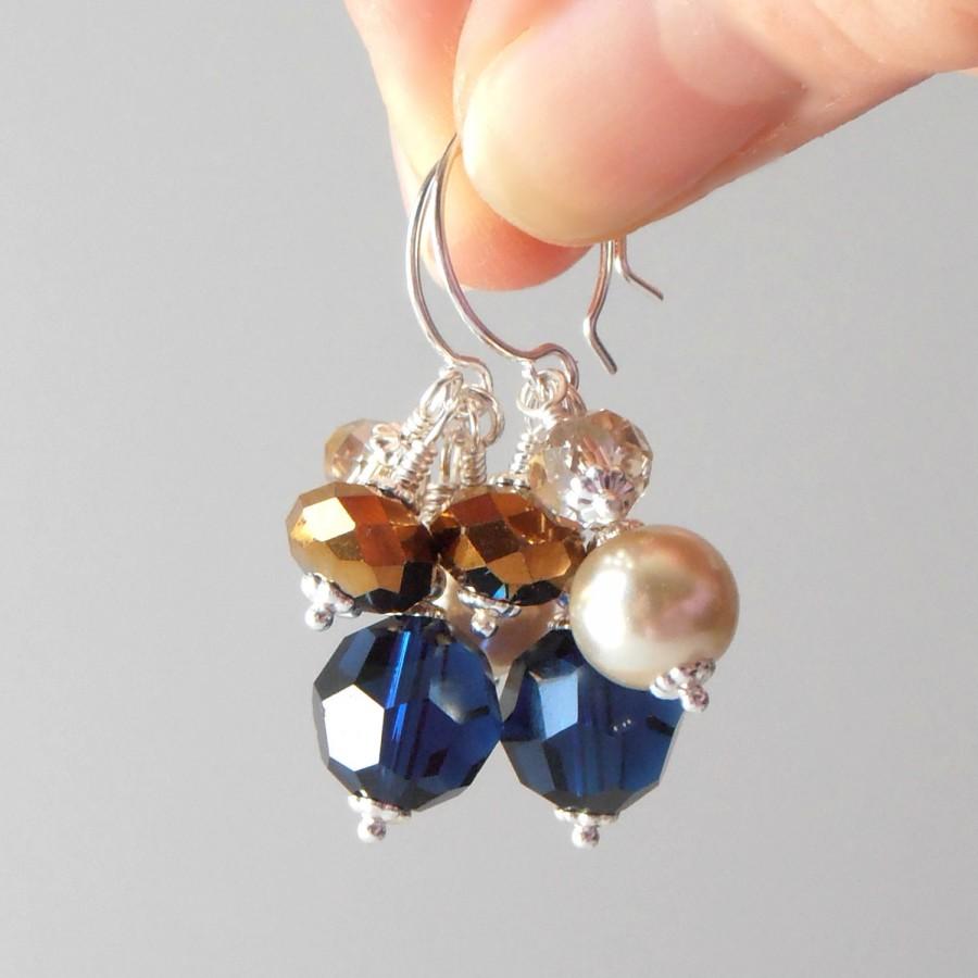 Свадьба - Bridesmaid Jewelry Navy Blue and Brown Crystal Cluster Earrings with Pearl Wedding Jewelry Sets Navy Bridesmaid Earrings Beaded Jewelry