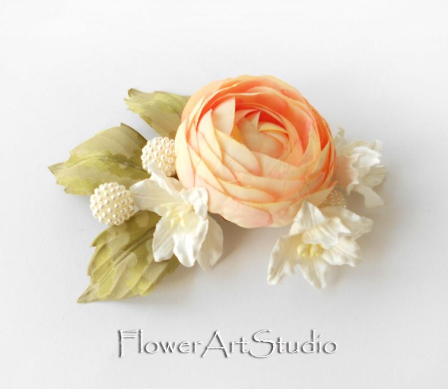 Mariage - Orange and Ivory Flower Hair Clip Woodland Bridal Headpiece Peach Colored Rose Bridal Clip Orange Bridal Hair Flower Rustic Style Hair Clip