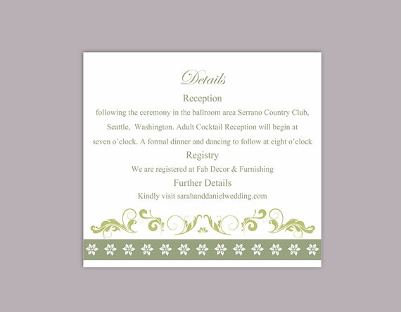 Wedding - DIY Wedding Details Card Template Editable Word File Download Printable Details Card Olive Green Details Card Elegant Information Cards