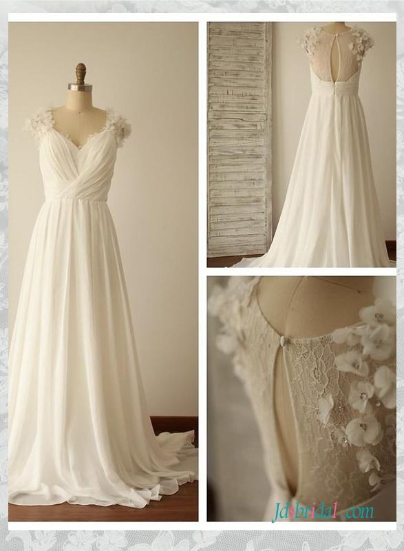 Wedding - H1534 simple illusion lace back chiffon beach flowy wedding dress