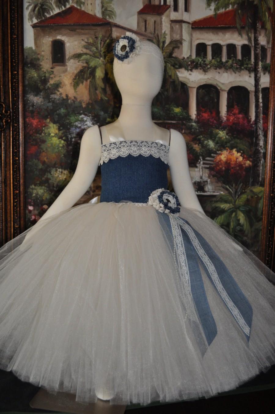 Hochzeit - Ivory Denim Dress, Country Flower Girl Dress, Rustic Flower Girl Dress, Baby Denim Dress, Girls Jean Dress, Denim Flowergirl