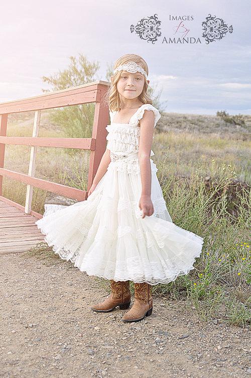 Wedding - Ivory Lace Rhinestone Flower Girl Dress -Ivory Lace Cap Sleeve Dress -Rustic Flower Girl Dress- Shabby Chic Ivory Dress - Rhinestone Sash