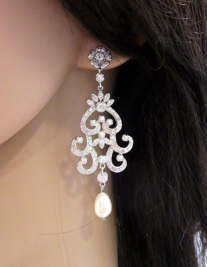 زفاف - Wedding earrings, Bridal chandelier earrings, Bridal earrings, Pearl earrings, Crystal earrings, Rhinestone Earrings, Wedding jewelry