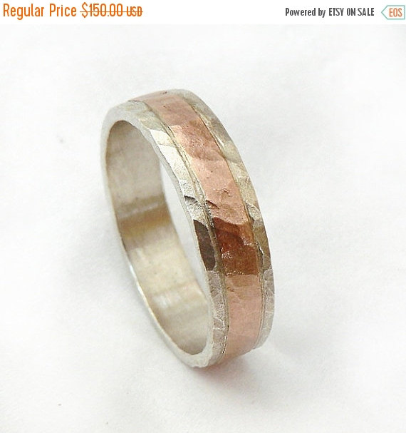 Mariage - SUMMER SALE 20% OFF Man wedding band , Hammered sterling silver and gold wedding ring for men, Handmade clasic ring, unisex ring sterling an