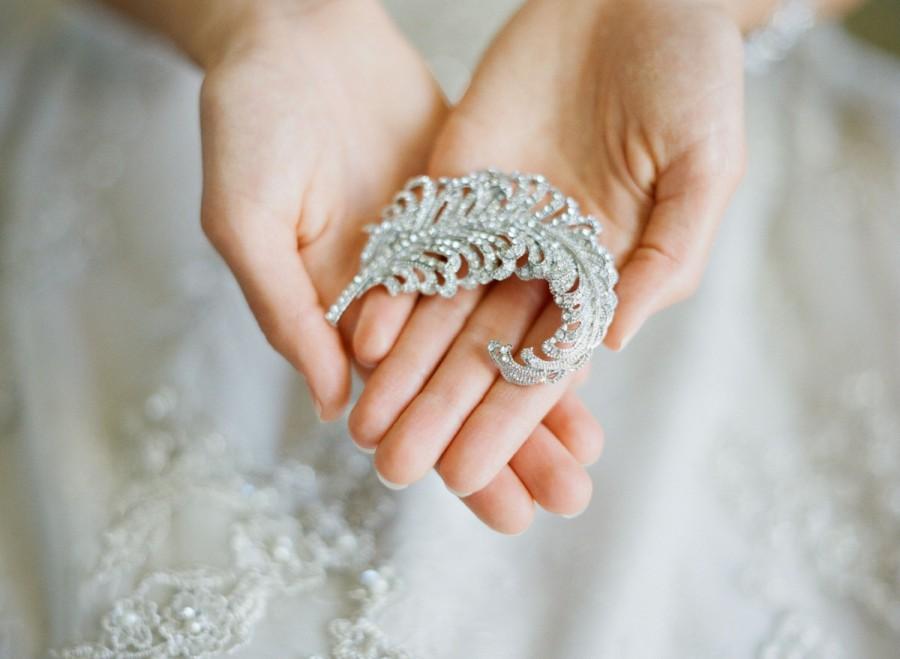 Hochzeit - Bridal Brooch, Swarovski Crystal Wedding Brooch, Feather Wedding Brooch, Diamante Feather, Dress Embellishment