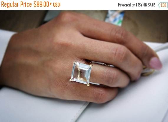 Wedding - SUMMER SALE - clear quartz ring,gold gemstone ring,reflective ring,energy ring,square prong ring,square stone ring